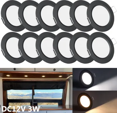 Produktbild von 12x 3W 15LEDs Dimmbar Strahler Einbaustrahler Wohnmobil, DC12V Schwarz Flach LED Decken Spots Deckenspots für RV Boot Wohnwagen Schrank, Warmes Weiß