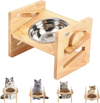 Produktbild von PolkaHome® Verstellbarer erhöhter Hundenapf mit Edelstahlschale, 4 Höhen (7-13 cm), 15° Neigung, für Hunde und Katzen