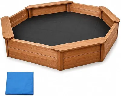 Imagen del producto de Caja de arena octogonal de madera con tapa y 4 asientos, ideal para jardín y espacios exteriores
