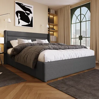 Produktbild von MODFU Polsterbett Hydraulisch Doppelbett Stauraumbett 160x200cm, Lattenrost aus Holz, Bett mit Lattenrost aus Metallrahmen, Leinen, Grau(ohne Matratze)