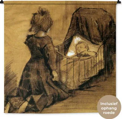 Produktbild von MuchoWow® Wandteppich Wandbehang Mädchen kniend bei einer Wiege - Vincent van Gogh 150x150 cm Tapisserie Dekoration Wandtuch - Wohnaccessoires - Modernes
