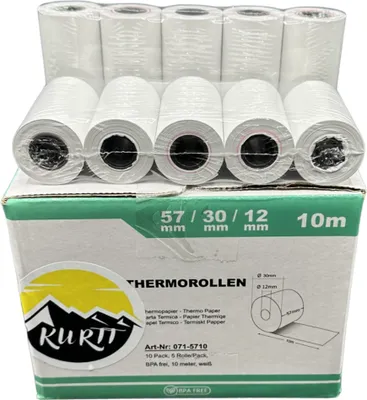 Produktbild von KURTT - 50 Rollen Premium Thermo-Kassarrollen, 57mm x30mmx12 mm - für Epos Quittungen oder Kreditkarte - Kassenrollen -  Kassenbon - BPA frei