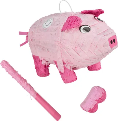 Image de Relaxdays Pinata cochon, avec bâton et masque, pinata de fête pour enfants, anniversaire, à remplir, H x L x P : 25 x 20 x 43 cm, rose