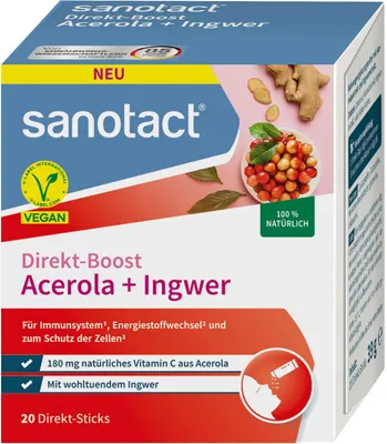 Produktbild von sanotact® Direkt-Boost Acerola + Ingwer | 20 Sticks | 180 mg natürliches Vitamin C aus Acerola | mit Ingwer-Extrakt | Immun­system & Zellschutz |