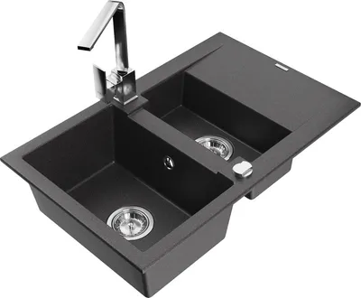 Produktbild von Mexen Gaspar 1,5-Becken-Granitspüle mit Abtropffläche und Mischbatterie Rita, Schwarz gesprenkelt - 6507-76-670300-00