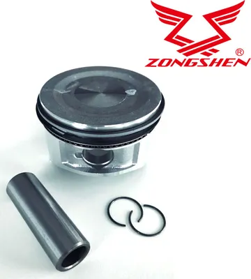 A piston, piston pin, and piston rings are displayed on a white background, with a brand logo and name in the upper right corner.