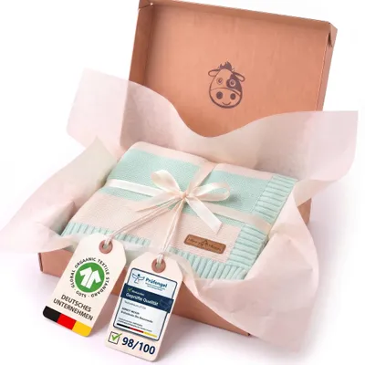 Produktbild von Minky Mooh® Babydecke 94x72 cm aus 100% Baumwolle – Kuscheldecke & Pucktuch für geborene – Mint/Creme gestreift