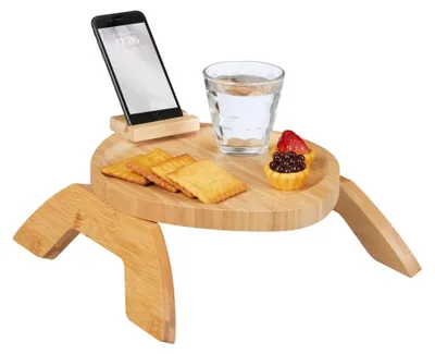 Produktbild von Bambus Sofatablett für Armlehnen 30x25x5cm mit Handy/Tablet Halterung und ausklappbaren Beinen