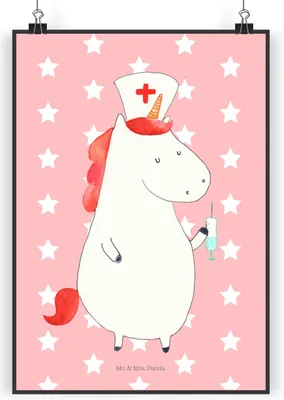 Produktbild von Mr. & Mrs. Panda Bild Einhorn Krankenschwester DIN A3 - Rot Pastell - Geschenk, drucke, wanddeko, Deko, Krankenpfleger, Unicorn, Plakat, Krankenpflegerin, Wandbild
