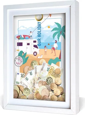 Produktbild von aFFa frames My Piggy Bank Spardose, 3D Bilderrahmen zum Befüllen, Geldgeschenke Verpackung für Auto, Haus, Geburtstag, mit Acrylglasfront, aus Holz, 32x42x2,5cm, Weiß,  Rahmen Feiertag Muster