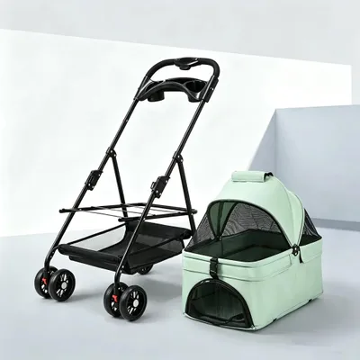 Produktbild von Faltbarer Haustierwagen - Hunde- und Katzenbuggy - Aufbewahrungskorb - Getränkehalter - Räder mit Bremse - 600D-Oxford-Gewebe - 72 x 50 x 95 cm - Grün