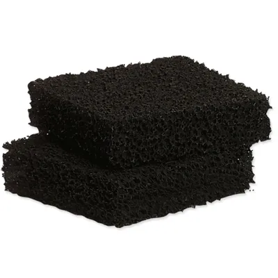 Two black porous sponges stacked on a white background.