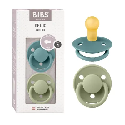 Produktbild von BIBS De Lux Schnuller 2er-Pack, BPA-frei, Kirschform Nippel. Naturkautschuk / Latex, Hergestellt in Dänemark. Größe 1 (0-6 Monate), Island Sea / Sage