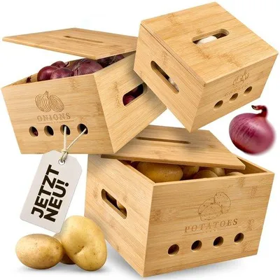 Produktbild von Vollwertiges Kartoffelbewahrungsset [3 Stück] – Prolongierte Lagerung von frischen Kartoffeln, Knoblauch und Zwiebeln – Kartoffelbehälter aus Bambus, Zwiebelbehälter, Knoblauchbehälter