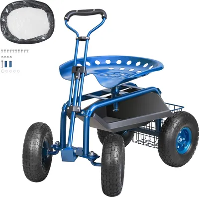 Image de SucceBuy Diable de jardin avec roues, tabouret de jardin avec siège pivotant à 360°, plateau pour outils universels, poignée de direction pour terrasse et jardin, bleu