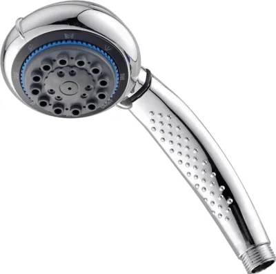 A chrome-finished hand shower head with multiple spray settings.