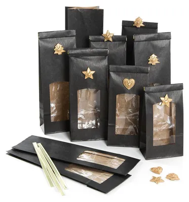 Produktbild von 12 schwarze Blockbodenbeutel zum Befüllen mit Weihnachtsdeko zum Aufkleben