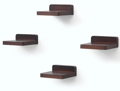 Obrázok produktu pre Sada nástenných políc, 4 malé drevené plávajúce police, 10,2 x 10,2 x 4 cm, farba orecha, vhodné do obývačky