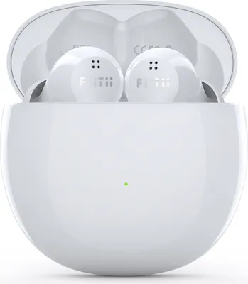 A pair of white wireless earbuds in their charging case.