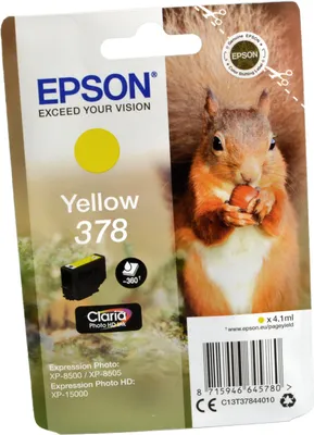 Produktbild von Epson Squirrel Singlepack Yellow 378 Claria Photo HD Ink, Standardertrag, Gelb, Tinte auf Pigmentbasis, 4,1 ml, 1 Stück(e), 360 Seiten