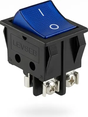 A close-up studio shot of a blue and black rocker switch.