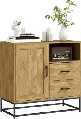 Image de HOMCOM Buffet salon meuble de rangement style moderne avec 2 tiroirs, compartiment ouvert et étagère réglable - buffet salle à manger, cuisine et salon, 80 x 40 x 78 cm, bois naturel