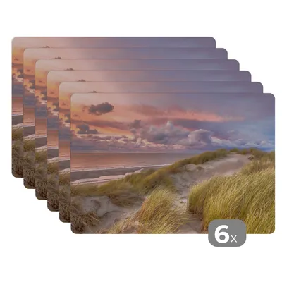 Obrázok produktu pre MuchoWow® Podložky Sada 6 podložiek Umývateľné podložky 30x45x0.3cm Pláž - more - duny - západ slnka Podložka pod stôl Nekĺzavá a odolná voči teplu