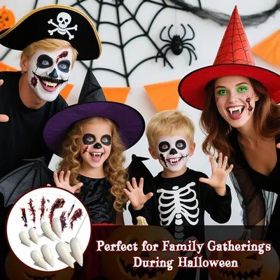 Produktbild von Famanu Vampirzähne Erwachsene 4 Paar – 4 Größen Vampirzähne Halloween Kostümzubehör mit 2 Tuben Zahnkleber und 5 Halloween Tattoos