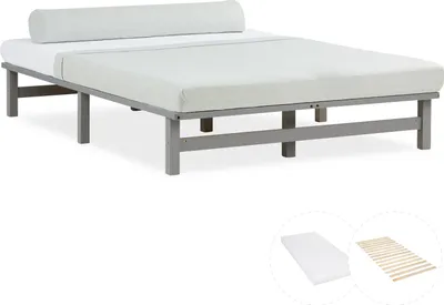 Produktbild von Homestyle4u Holzbett 140x200 mit Matratze Jugendbett Palettenbett Grau Futonbett 3050