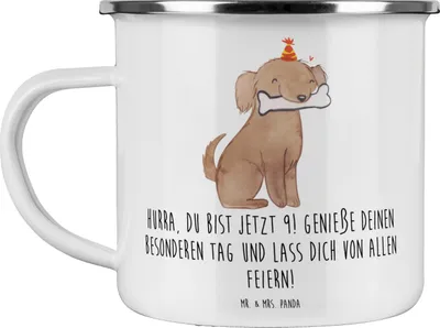 Produktbild von Mr. & Mrs. Panda Pott 9. Geburtstag Freude - Weiß - Geschenk, Blechtasse, Teetasse, Geburtstagsfeier, Geburtstagstorte, Feiern mit Familie und Freunden, Emaille Tasse