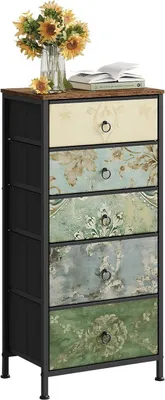 Produktbild von WOLTU Kommode mit 5 Schubladen aus Stoff, Sideboard, Metallrahmen, Vintage-Blumenmotiv