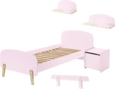 Produktbild von Diese KIDDY-Kombination in Rosa besteht aus einem Bett (90x200), einem Nachttisch, 2 Wandregalen (45 und 65 cm) und einem Sicherheitsgitter.