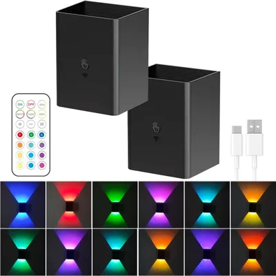 Produktbild von 2er-Set RGB-LED-Wandleuchten - Wandlampe - Wiederaufladbar 4000 mAh - Auf- und Abwärtslicht - Stufenlos dimmbar - Speicherfunktion - Schwarz