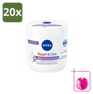 Imagen del producto de 20 unidades de crema corporal NIVEA Repair & Care para piel sensible, con 10% de glicerina y pantenol, 400 ml, pack ahorro