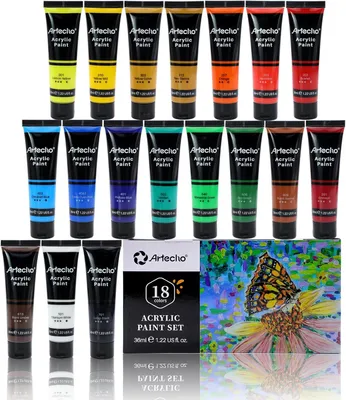 Produktbild von Artecho Acrylfarben Set 18 x 36 ml Tuben – wasserfest & schnelltrocknend, kräftige Farben für Papier, Leinwand, Holz & Stein