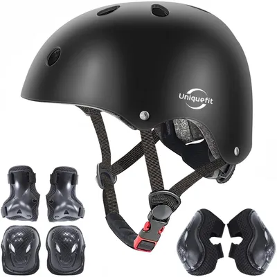 Produktbild von Schutzausrüstungs-Set Kinder 7-teilig Helm Knieschützer Ellbogenschützer Handgelenkschützer S Schwarz