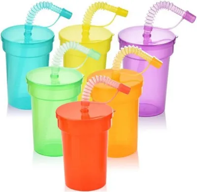 Image de ALINK Pack de 6 gobelets de fête néon pour enfants avec couvercle et paille