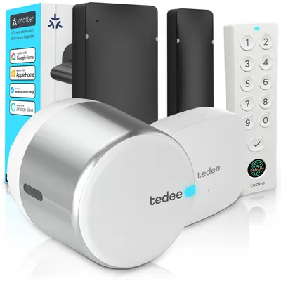 Obrázek produktu pro Tedee GO2 Alu s Bridge, Keypad PRO a senzorem dveří – Chytrý zámek, WiFi, otisk prstu, bezpečné zamykání, bezklíčový vstup, Matter, Apple HomeKit