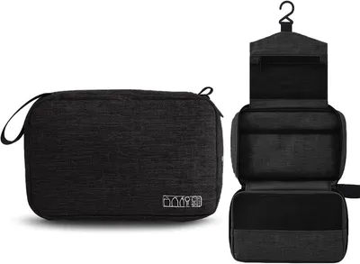 Produktbild von Kulturtasche schwarz, für Reisen, faltbar, mit Fächern und Reißverschluss