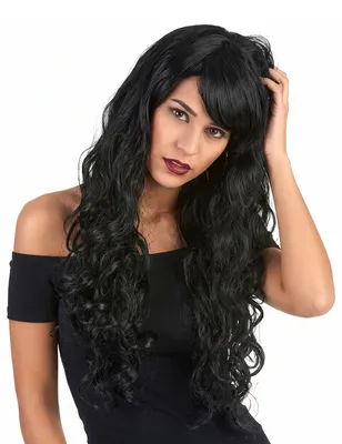 Productafbeelding van Lang haar, krullen, pony, popster-peruk, zwart - one size
