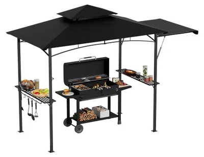 Produktbild von QEENTOE Grillpavillon mit Seitenmarkise, Doppeldach, 2 Seitenregalen & Haken, wasserfeste Grillüberdachung, 245x141x253cm, Schwarz