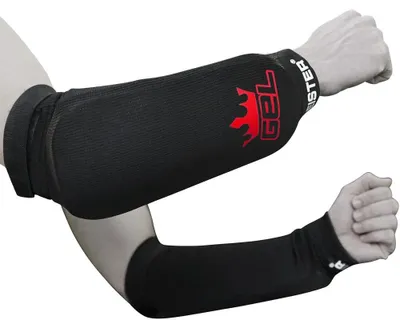 Image de Protège-avant-bras élastiques Meister, en tissu avec rembourrage en gel intégré (paire) – Noir – Taille enfant/Très petit