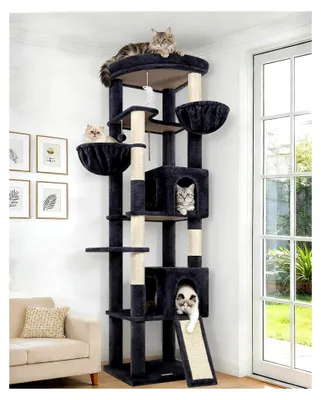 Produktbild von Kratzbaum XXL für Katzen, stabil, 204 cm hoch, mit 2 großen Katzenhäusern 45 x 30 x 30 cm, extra große gepolsterte Plattform, Katzenkorb, Kratzsisal, Eckkratzbaum für Katzen zum Ruhen und Kratzen, dunkelgrau