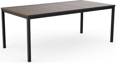 A rectangular outdoor dining table with a brown wood-look tabletop and black metal legs, shown against a white background.