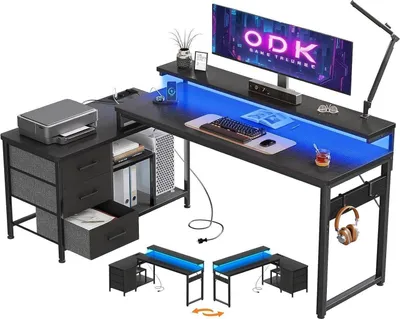 Immagine prodotto di ODK scrivania a L con cassetti e LED, 174x100cm, scrivania da gioco, porta di ricarica USB, nero