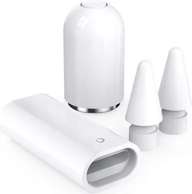 A set of accessories for an Apple Pencil, including a charging adapter, a cap, and replacement nibs, displayed on a white background.