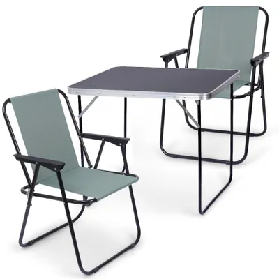 A folding table and two folding chairs are shown against a white background.