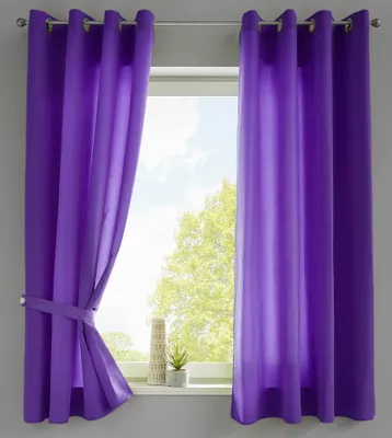 A pair of purple curtains are tied back, revealing a window with trees and sky outside. A small decorative item and a potted plant sit on the windowsill.