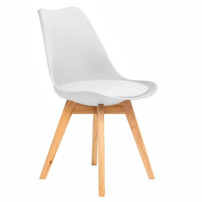 A white dining chair with wooden legs, isolated on a white background.