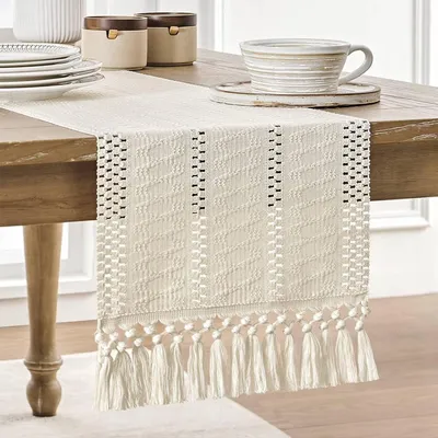 Imagen del producto de Mantel individual de lino texturizado, color beige, 30x180 cm, con flecos, para la cocina